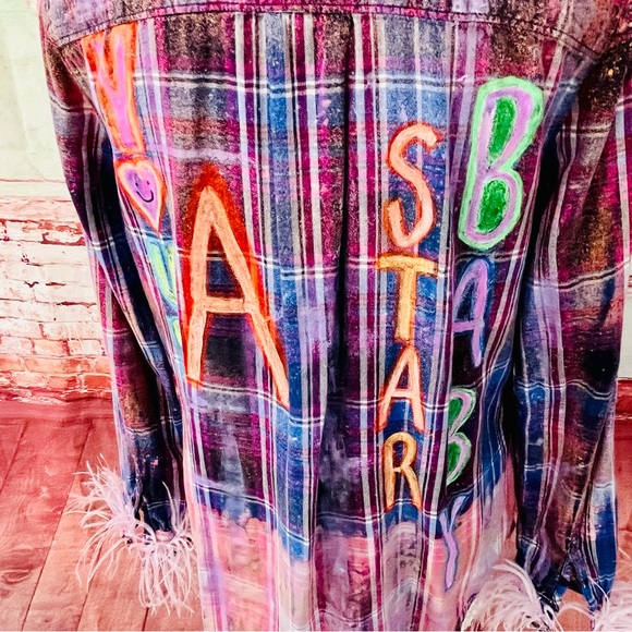 REWORKED VINTAGE FLANNEL DISTRESSED HAND PAINTED  w OSTRICH FEATHER CUFFS - Picture 7 of 7